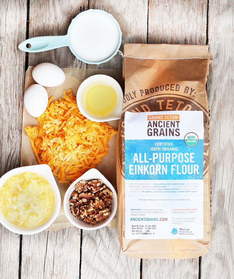 Ingredients needed to make pineapple cheddar quick bread, made with Grand Teton Ancient Grains all-purpose einkorn flour.