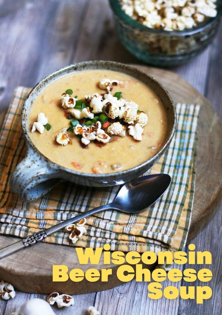 Wisconsin beer cheese soup recipe: Made with cheddar cheese, beer, and topped with popcorn.