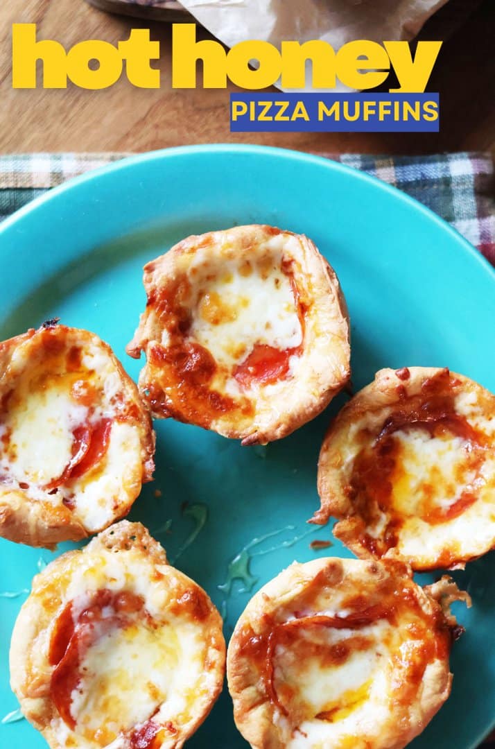 Hot honey pizza muffins: Pepperoni, cheese, layered in a muffin tin drizzled with hot honey.