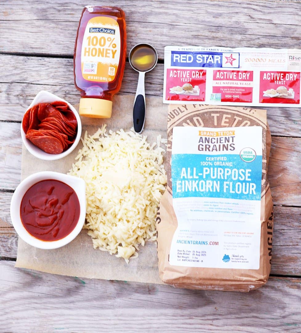 Ingredients to make hot honey pizza muffins: Crust made from all-purpose einkorn flour.