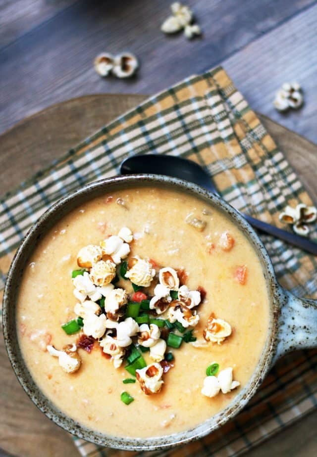 Wisconsin beer cheese soup: Topped with popcorn. A classic Midwestern recipe from the great state of Wisconsin.
